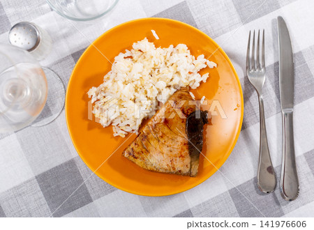 Image of tasty grilled tuna fillet with rice Image of tasty grilled tuna fillet with rice 141976606