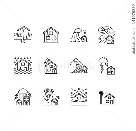 Icon set of icons related to natural disasters and damage to homes Icon set of icons related to natural disasters and damage to homes 141976889