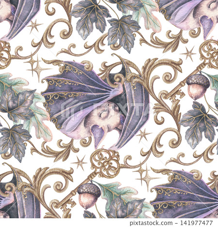 Cute bat with golden ornament seamless pattern. Hand drawn watercolor purple animal with baroque filigree and vintage key. Magic graphic for halloween design. Gothic repeat for wallpaper or textile. Cute bat with golden ornament seamless pattern. Hand drawn watercolor purple animal with baroque filigree and vintage key. Magic graphic for halloween design. Gothic repeat for wallpaper or textile. 141977477