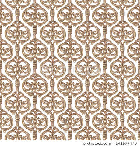 Dense medieval ornament with golden filigree key shape seamless pattern. Hand drawn watercolor vintage gold details. Ornamental graphic for texture design. Elegant repeat for fabric or wallpaper. Dense medieval ornament with golden filigree key shape seamless pattern. Hand drawn watercolor vintage gold details. Ornamental graphic for texture design. Elegant repeat for fabric or wallpaper. 141977479