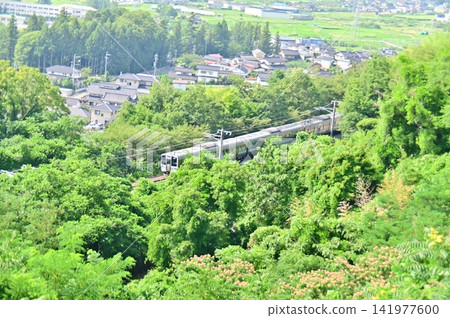 A panoramic view of early summer scenery from a hilltop along the Sasayama Nature Trail. A panoramic view of early summer scenery from a hilltop along the Sasayama Nature Trail. 141977600
