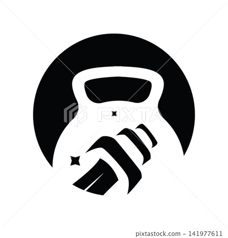 Fitness badge template design featuring sports equipment and a bodybuilder. 141977611