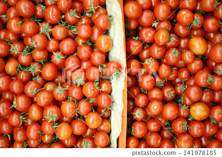 Tomatoes gathered in a crate in a market setting 141978185