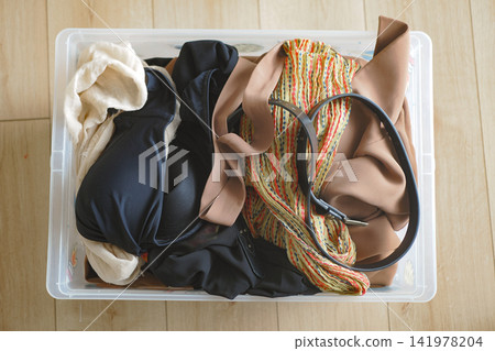 Clothing and accessories in a plastic storage box Clothing and accessories in a plastic storage box 141978204