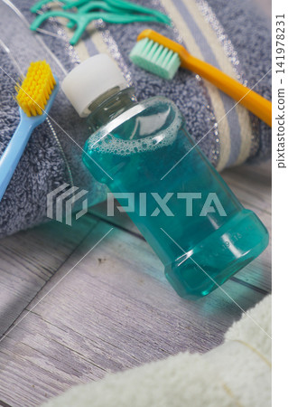 Oral care items on a wooden surface Oral care items on a wooden surface 141978231