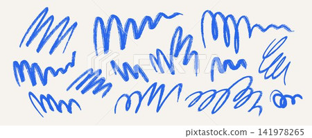Blue brush stroke scribbles set. Hand drawn pen scrawl doodles collection. Freehand rough pencil crayon squiggles pack. Messy charcoal sketch swirls bundle. Bold ballpoint curly marks. Vector 141978265