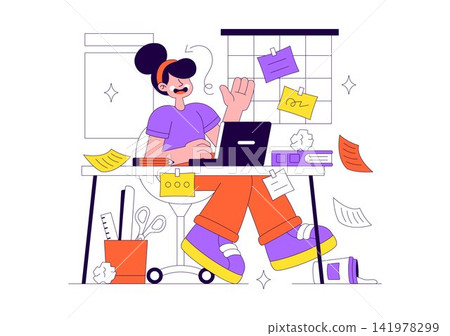 Creative Messy Home Office Vector Illustration Featuring Cluttered Workspace, Remote Work, Organized Chaos, Desk Supplies, and Productive Lifestyle Creative Messy Home Office Vector Illustration Featuring Cluttered Workspace, Remote Work, Organized Chaos, Desk Supplies, and Productive Lifestyle 141978299