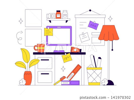Creative Messy Home Office Vector Illustration Featuring Cluttered Workspace, Remote Work, Organized Chaos, Desk Supplies, and Productive Lifestyle 141978302
