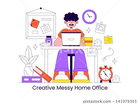 Creative Messy Home Office Vector Illustration Featuring Cluttered Workspace, Remote Work, Organized Chaos, Desk Supplies, and Productive Lifestyle Creative Messy Home Office Vector Illustration Featuring Cluttered Workspace, Remote Work, Organized Chaos, Desk Supplies, and Productive Lifestyle 141978303