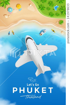 Travel by airplane to Phuket, Thailand. island beach and sky with clouds poster top view design Travel by airplane to Phuket, Thailand. island beach and sky with clouds poster top view design 141978633