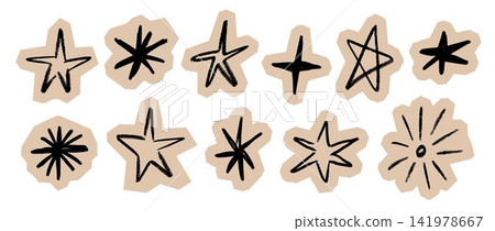 Scrapbook spark collection. Hand drawn collage star element set. Crayon doodle sparkle cut out paper sticker pack. Kraft sketched shapes for DIY badge, zine, poster. Vector illustration Scrapbook spark collection. Hand drawn collage star element set. Crayon doodle sparkle cut out paper sticker pack. Kraft sketched shapes for DIY badge, zine, poster. Vector illustration 141978667