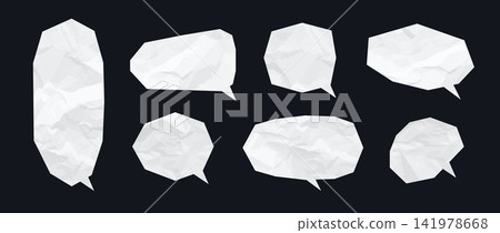 Wrinkled paper comic chat boxes set. Crumpled speech bubble collection. Torn paper dialogue shapes for sticker, collage, text box, banner, poster. Vector empty textured irregular scrapbook elements Wrinkled paper comic chat boxes set. Crumpled speech bubble collection. Torn paper dialogue shapes for sticker, collage, text box, banner, poster. Vector empty textured irregular scrapbook elements 141978668