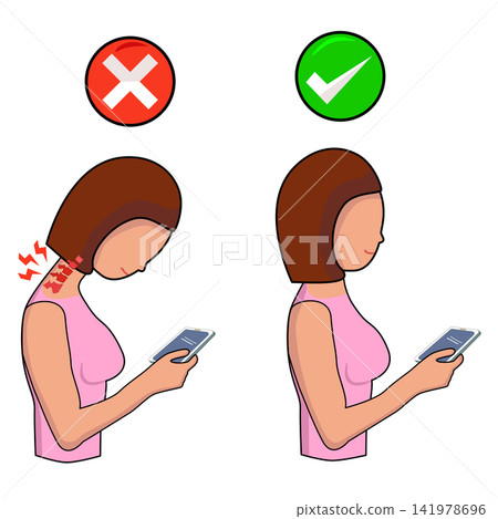 Illustration Comparing Correct and Incorrect Neck Posture Illustration Comparing Correct and Incorrect Neck Posture 141978696