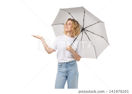 Woman with an umbrella enjoys the sun, isolated on white, PNG Woman with an umbrella enjoys the sun, isolated on white, PNG 141979201