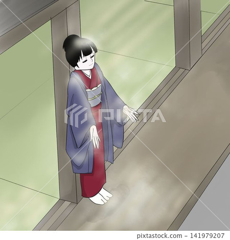 在一個寧靜的初冬日子裡,一位身穿和服的女子在陽台上享受著陽光。 在一個寧靜的初冬日子裡,一位身穿和服的女子在陽台上享受著陽光。 141979207