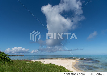 湛藍的天空,朵朵白雲,碧綠的大海,地平線清晰可見,白色的沙灘被綠樹環繞。 湛藍的天空,朵朵白雲,碧綠的大海,地平線清晰可見,白色的沙灘被綠樹環繞。 141979622