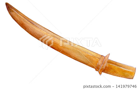 Watercolor illustration, hand-drawn illustration, wooden sword souvenir from a tourist spot Watercolor illustration, hand-drawn illustration, wooden sword souvenir from a tourist spot 141979746