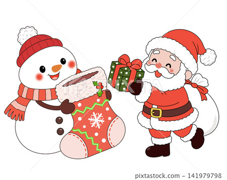 A snowman and Santa Claus waiting for presents in a giant stocking. A snowman and Santa Claus waiting for presents in a giant stocking. 141979798