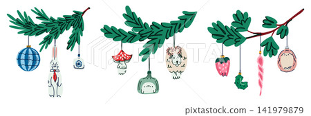 Collection of Christmas Evergreen Branches with Colorful Hanging Ornaments, Hand Drawn Festive Foliage and Winter Holiday Decorations Collection of Christmas Evergreen Branches with Colorful Hanging Ornaments, Hand Drawn Festive Foliage and Winter Holiday Decorations 141979879