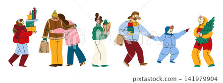 Happy Winter People Walking Together with Christmas Gifts, Shopping Bags and Holiday Purchases, Cozy Urban Lifestyle Illustration for Seasonal Marketing, Community, Retail and Editorial Design Happy Winter People Walking Together with Christmas Gifts, Shopping Bags and Holiday Purchases, Cozy Urban Lifestyle Illustration for Seasonal Marketing, Community, Retail and Editorial Design 141979904