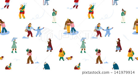 Seamless Pattern with Tiny Winter People Walking, Shopping and Celebrating Christmas, Minimal Scandinavian Lifestyle Illustration for Textile, Wallpaper and Gift Wrap Seamless Pattern with Tiny Winter People Walking, Shopping and Celebrating Christmas, Minimal Scandinavian Lifestyle Illustration for Textile, Wallpaper and Gift Wrap 141979914