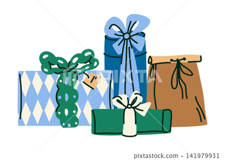 Hand Drawn Christmas Gift Boxes Collection with Wrapped Holiday Presents, Kraft Package and Festive Ribbon Illustration 141979931