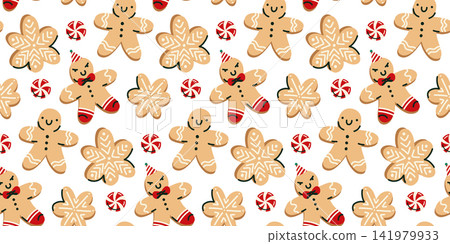 Seamless Gingerbread Cookie Pattern Hand Drawn Christmas Biscuit Background with Holiday Treats for Textile, Wrapping Paper, Fabric, Seasonal Packaging and Festive Decor Seamless Gingerbread Cookie Pattern Hand Drawn Christmas Biscuit Background with Holiday Treats for Textile, Wrapping Paper, Fabric, Seasonal Packaging and Festive Decor 141979933