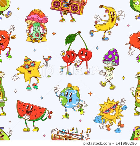 Cartoon groovy characters seamless pattern. Wrapping paper or fabric vector seamless pattern with mushrooms, banana fruit, cherries and Earth globe, sun, watermelon, heart, beer cute groovy characters Cartoon groovy characters seamless pattern. Wrapping paper or fabric vector seamless pattern with mushrooms, banana fruit, cherries and Earth globe, sun, watermelon, heart, beer cute groovy characters 141980280