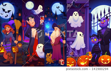 Halloween holiday cartoon characters collage. Vampire with wineglass, sorcerer casting spell and young witch, flying ghosts, devils kid and father on night cemetery Halloween cartoon characters Halloween holiday cartoon characters collage. Vampire with wineglass, sorcerer casting spell and young witch, flying ghosts, devils kid and father on night cemetery Halloween cartoon characters 141980294
