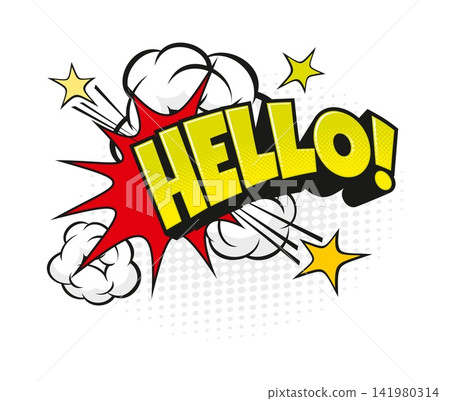 Cartoon halftone hello comic speech bubble. Speech bubble halftone effect, text balloon vector tag. Expression cloud label or sticker with yellow typography, smoke or dust cloud and flying stars Cartoon halftone hello comic speech bubble. Speech bubble halftone effect, text balloon vector tag. Expression cloud label or sticker with yellow typography, smoke or dust cloud and flying stars 141980314