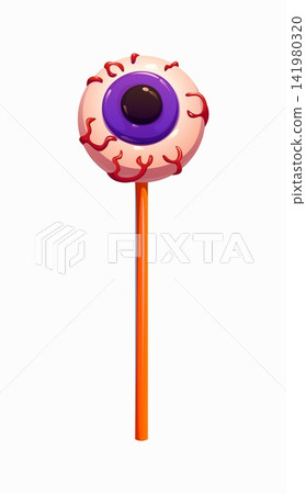 Halloween spooky eyeball lollypop sweet candy treat. Halloween creepy lollipop treat, spooky sucker isolated vector dessert. Horror holiday eyeball lollypop candy with human eye and blood vessels Halloween spooky eyeball lollypop sweet candy treat. Halloween creepy lollipop treat, spooky sucker isolated vector dessert. Horror holiday eyeball lollypop candy with human eye and blood vessels 141980320