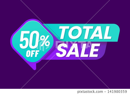 Shop total sale offer tag or discount label. Store discount tag, product sale vector sticker. Seasonal price off label or icon with turquoise and purple color background and typography 141980359