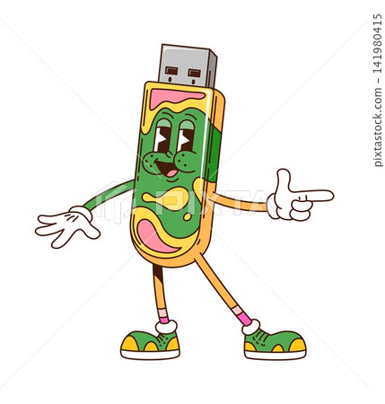 Computer flash memory stick and technology cartoon groovy character. PC electronics hippie personage, PC digital technology vector character. Computer flash memory stick device groovy hippie mascot Computer flash memory stick and technology cartoon groovy character. PC electronics hippie personage, PC digital technology vector character. Computer flash memory stick device groovy hippie mascot 141980415