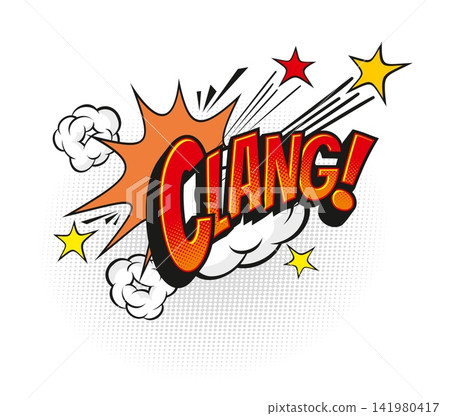 Clang comic sound effect speech bubble tag. Exclamation bubble retro label, comic expression speech cloud vector tag. Sound splash halftone sticker or effect with red typography and explosion effect Clang comic sound effect speech bubble tag. Exclamation bubble retro label, comic expression speech cloud vector tag. Sound splash halftone sticker or effect with red typography and explosion effect 141980417