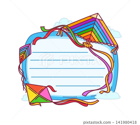 Kite flying paper toy kids memo note frame. Kids festival scrapbook label, kite schedule isolated vector frame. Paper wing kid diary sticker or flying toy child planner to do list memo note Kite flying paper toy kids memo note frame. Kids festival scrapbook label, kite schedule isolated vector frame. Paper wing kid diary sticker or flying toy child planner to do list memo note 141980418