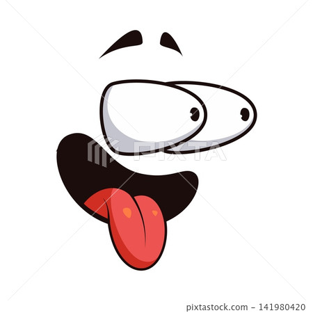 Cartoon expression face showing shocked emotion. Funny personage features huge and bulging white eyes and open mouth with vibrant pink tongue sticking out. Playful emotion for digital avatars Cartoon expression face showing shocked emotion. Funny personage features huge and bulging white eyes and open mouth with vibrant pink tongue sticking out. Playful emotion for digital avatars 141980420