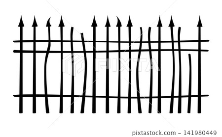 Halloween spooky cemetery iron fence border silhouette. Spooky iron border, Halloween horror holiday scary graveyard isolated vector forged fence. Cemetery antique metal barrier silhouette 141980449