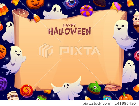 Halloween banner with old paper scroll, holiday candies and funny flying ghosts. Halloween celebration vector banner, horror party greeting card with kawaii ghosts, creepy treats and scroll background Halloween banner with old paper scroll, holiday candies and funny flying ghosts. Halloween celebration vector banner, horror party greeting card with kawaii ghosts, creepy treats and scroll background 141980450