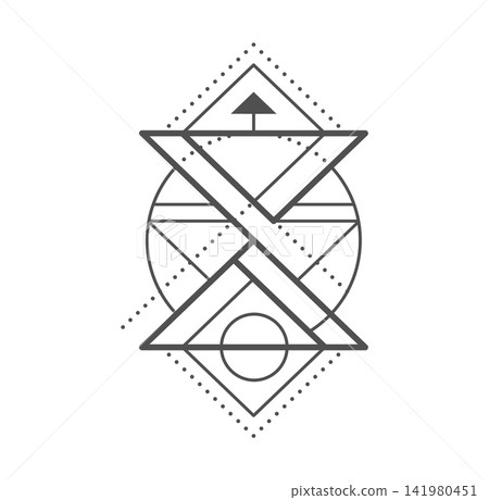 Sacred geometry tattoo, zodiac esoteric symbol or occult decoration. sacred tattoo, witchcraft occult vector embellishment. Tarot mystical symbol or esoteric print made of triangles and circle shapes Sacred geometry tattoo, zodiac esoteric symbol or occult decoration. sacred tattoo, witchcraft occult vector embellishment. Tarot mystical symbol or esoteric print made of triangles and circle shapes 141980451