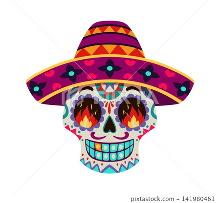 Day of the Dead party wearing sombrero calavera sugar skull. Day of the Dead celebration, Dia de Los Muertos vector calavera sugar skull. Hispanic culture carnival skeleton head with flame in eyes Day of the Dead party wearing sombrero calavera sugar skull. Day of the Dead celebration, Dia de Los Muertos vector calavera sugar skull. Hispanic culture carnival skeleton head with flame in eyes 141980461