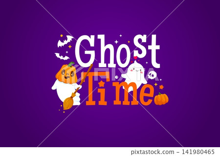 Halloween funny ghost time quote greeting card. October spooky vector lettering, Halloween scary greeting card. Horror holiday quote banner with ghost kawaii characters and colorful typography Halloween funny ghost time quote greeting card. October spooky vector lettering, Halloween scary greeting card. Horror holiday quote banner with ghost kawaii characters and colorful typography 141980465