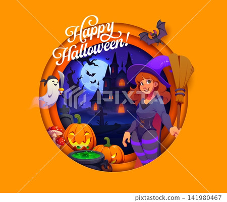 Paper cut happy Halloween greeting card. Halloween party paper cut greeting card or poster. Horror flyer with beautiful young witch, ghost and bat, haunted castle and pumpkin, magic potion cauldron Paper cut happy Halloween greeting card. Halloween party paper cut greeting card or poster. Horror flyer with beautiful young witch, ghost and bat, haunted castle and pumpkin, magic potion cauldron 141980467