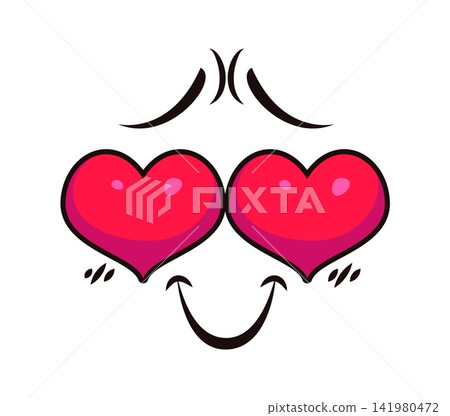 Cute cartoon face showing love or adoration emotion. Comic emoji character with heart shaped eyes, blushing cheeks and sweet gentle smile. Smitten face for Valentine Day stickers and greeting cards Cute cartoon face showing love or adoration emotion. Comic emoji character with heart shaped eyes, blushing cheeks and sweet gentle smile. Smitten face for Valentine Day stickers and greeting cards 141980472