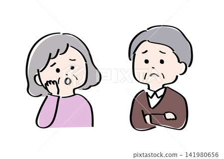 Cute hand-drawn illustration of a worried elderly couple 141980656