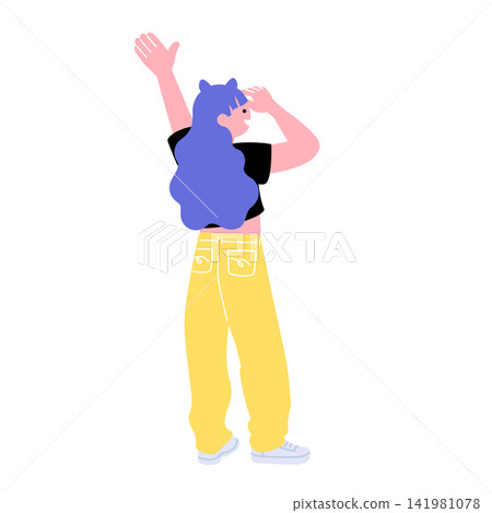 一幅插圖,描繪了一個有著紫色頭髮的年輕人,從背後看去,他用手扶著頭。 一幅插圖,描繪了一個有著紫色頭髮的年輕人,從背後看去,他用手扶著頭。 141981078