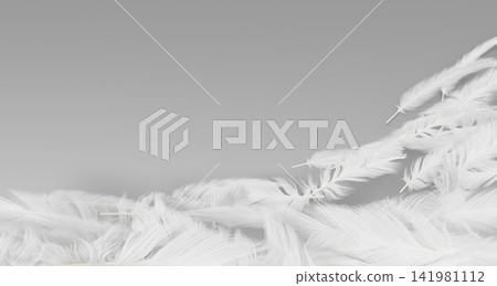 3d feathers frame, white down border on soft gray background. Realistic bird plumage of goose, swan or angel for luxury branding, wedding design, cosmetic banner. Lightweight concept. 3D illustration 3d feathers frame, white down border on soft gray background. Realistic bird plumage of goose, swan or angel for luxury branding, wedding design, cosmetic banner. Lightweight concept. 3D illustration 141981112