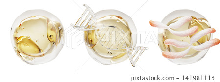 Cosmetic serum capsules 3d set with DNA helix, chromosomes and active formula droplets in gold liquid. Oil bubbles, Q10 or hydration essence for anti aging skincare, medical genetics. 3D illustration Cosmetic serum capsules 3d set with DNA helix, chromosomes and active formula droplets in gold liquid. Oil bubbles, Q10 or hydration essence for anti aging skincare, medical genetics. 3D illustration 141981113