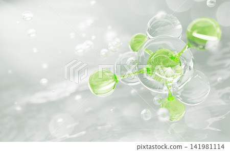 Bio cosmetic lab 3d background with green molecule, clear water bubbles in transparent liquid. Science, medical and pharmacy. Collagen peptide serum drops, natural skin care product. 3D illustration Bio cosmetic lab 3d background with green molecule, clear water bubbles in transparent liquid. Science, medical and pharmacy. Collagen peptide serum drops, natural skin care product. 3D illustration 141981114