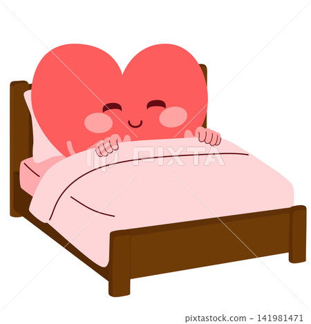 Cute Heart Character Sleeping in Bed Cartoon Vector Illustration 141981471