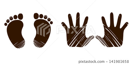 Vector cartoon illustration of baby footprints and baby hands comparison isolated on white background Vector cartoon illustration of baby footprints and baby hands comparison isolated on white background 141981658